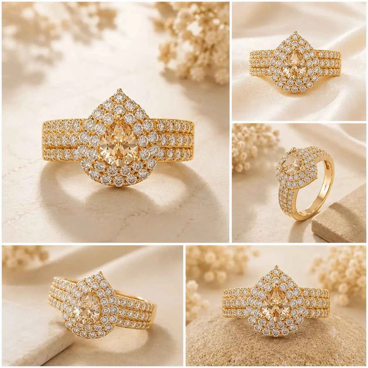 gehna official rose gold plated ring featuring a pear shaped golden stone surrounded by sparkling white zircon stones