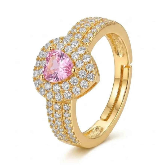 GEHNA OFFICIAL gold plated adjustable ring featuring a heart-shaped pink stone surrounded by sparkling white zircons.