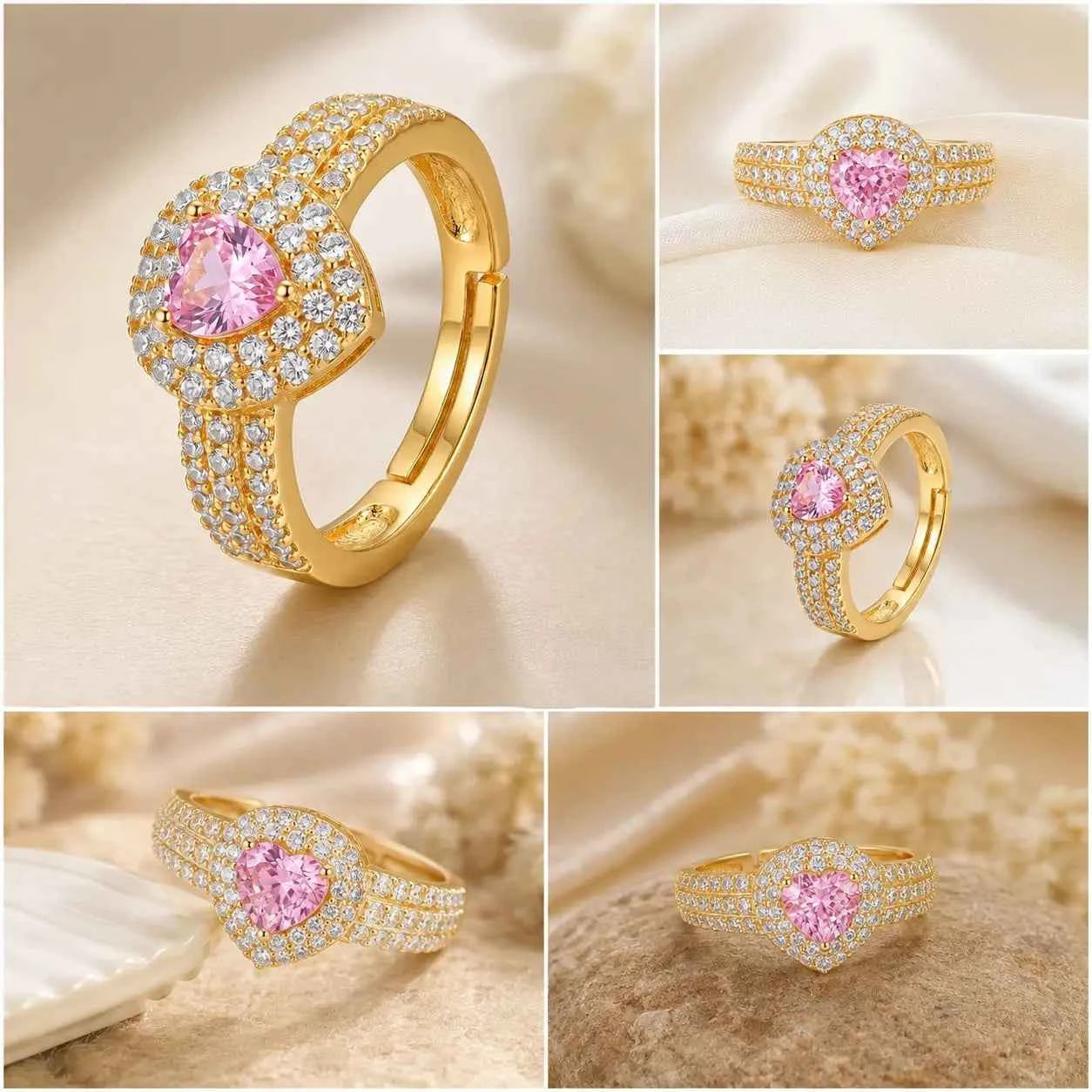 GEHNA OFFICIAL gold plated adjustable ring featuring a heart-shaped pink stone surrounded by sparkling white zircons.