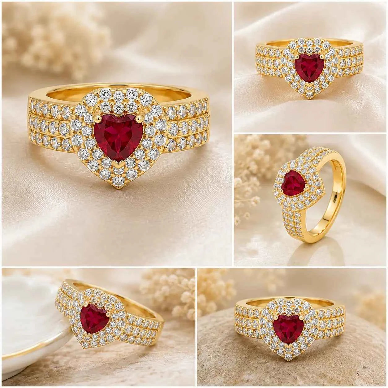 GEHNA OFFICIAL gold plated ring featuring a red heart stone surrounded by sparkling white zircon on a wide band.