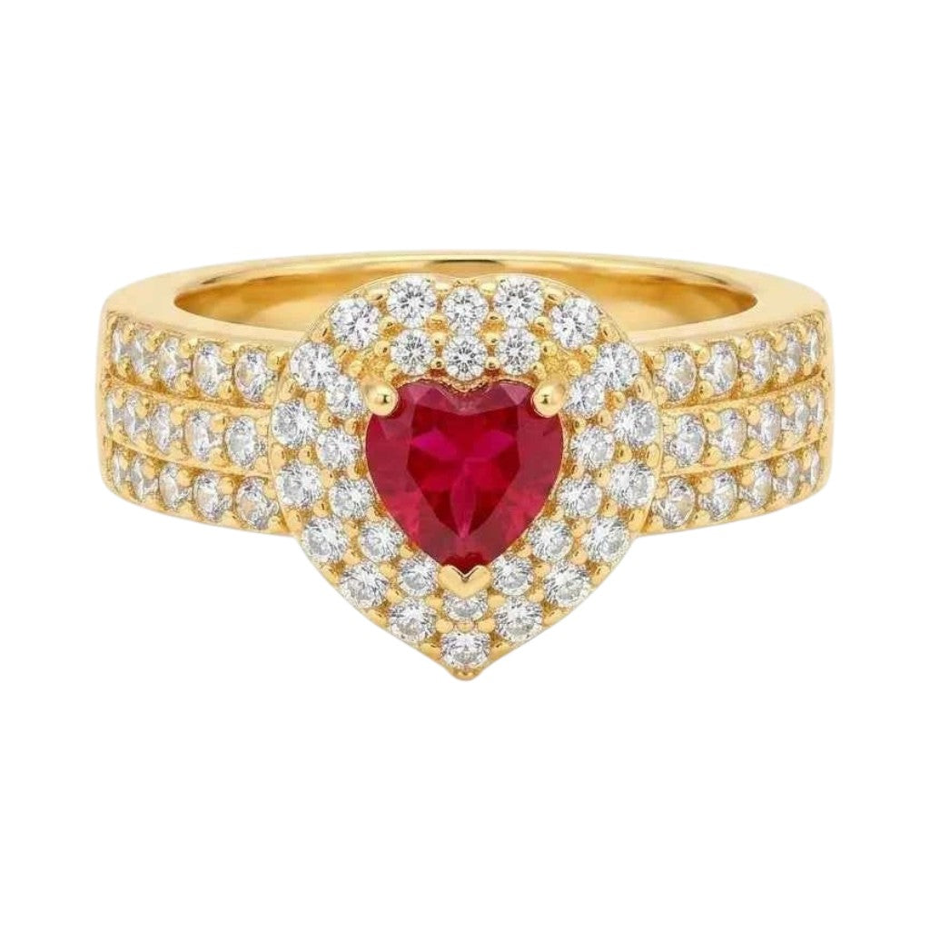 GEHNA OFFICIAL gold plated ring featuring a red heart shaped stone surrounded by sparkling white zircon accents.