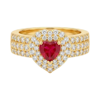 GEHNA OFFICIAL gold plated ring featuring a red heart shaped stone surrounded by sparkling white zircon accents.