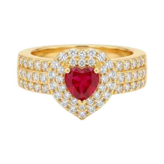 GEHNA OFFICIAL gold plated ring featuring a red heart shaped stone surrounded by sparkling white zircon accents.