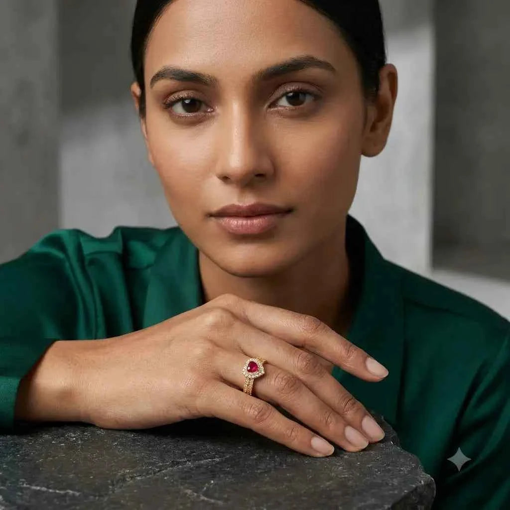 GEHNA OFFICIAL gold plated ring with a red heart stone and white zircon accents worn on a woman's hand