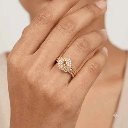GEHNA OFFICIAL rose gold plated ring featuring a pear shaped golden stone surrounded by sparkling white zircon stones