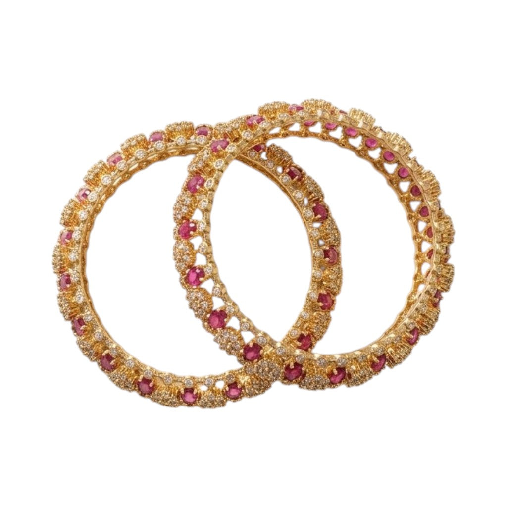 GEHNA OFFICIAL gold plated bangles featuring ruby oval stones and American diamond accents in an openwork design.