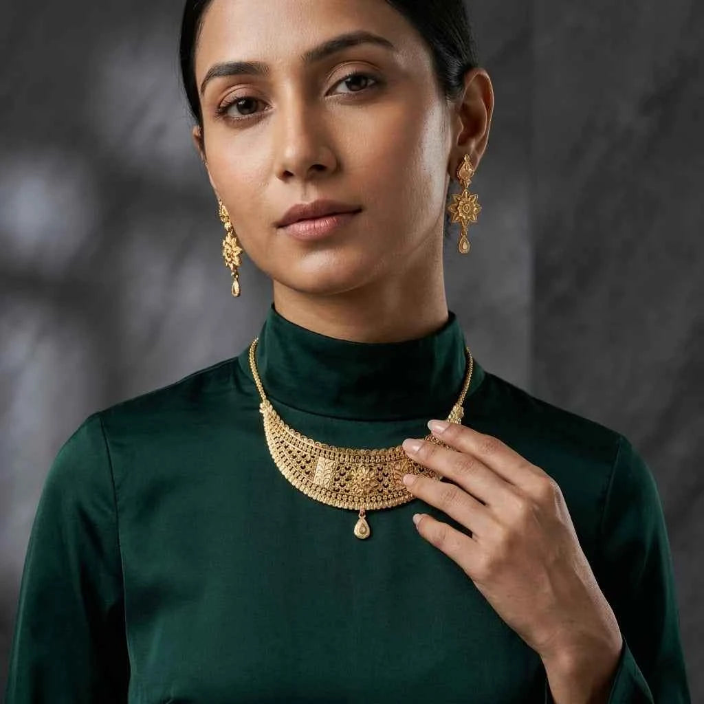 Gold Plated Floral Statement Necklace Set for Women | Designer Ethnic Jewellery Set - GEHNA OFFICIAL