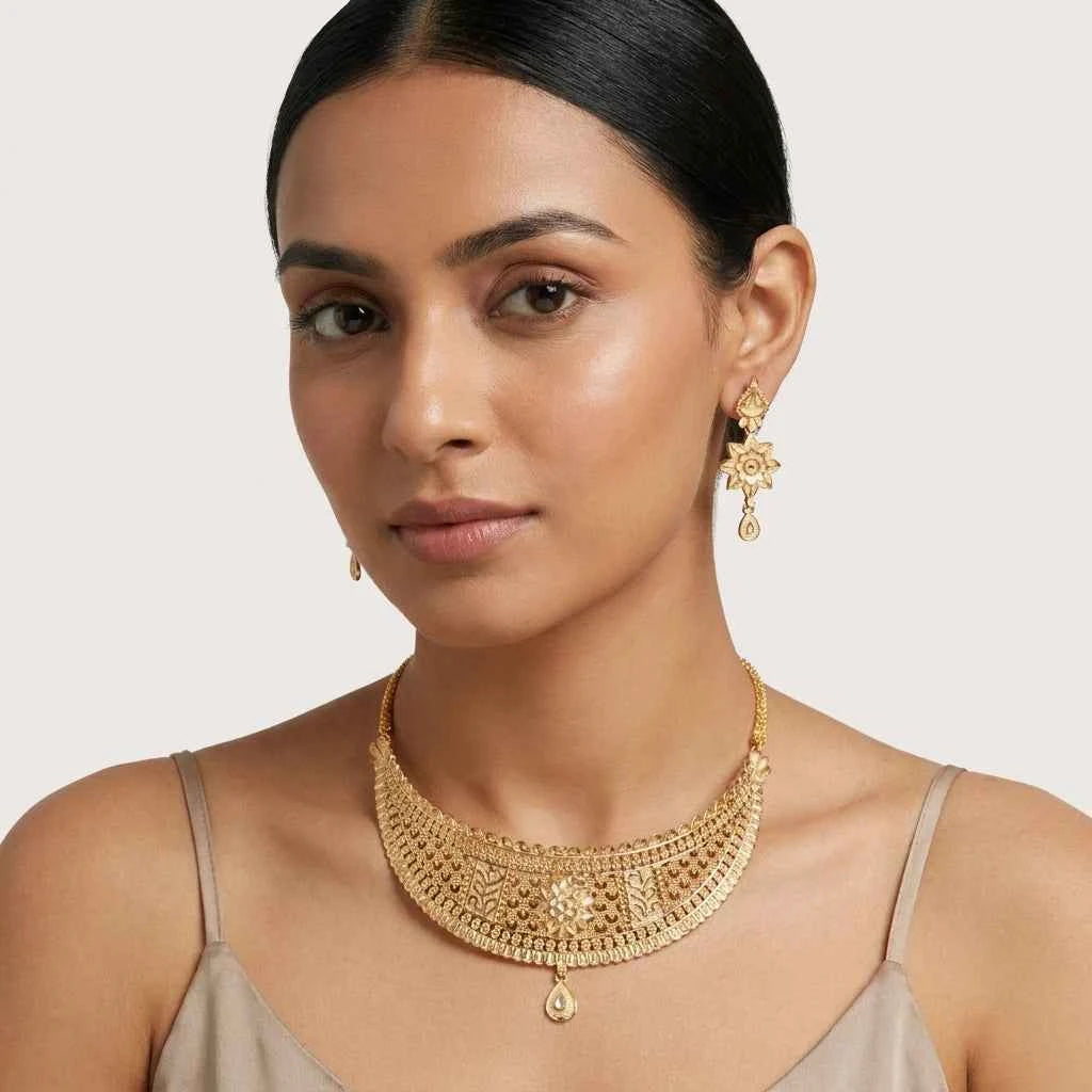 Gold Plated Floral Statement Necklace Set for Women | Designer Ethnic Jewellery Set - GEHNA OFFICIAL