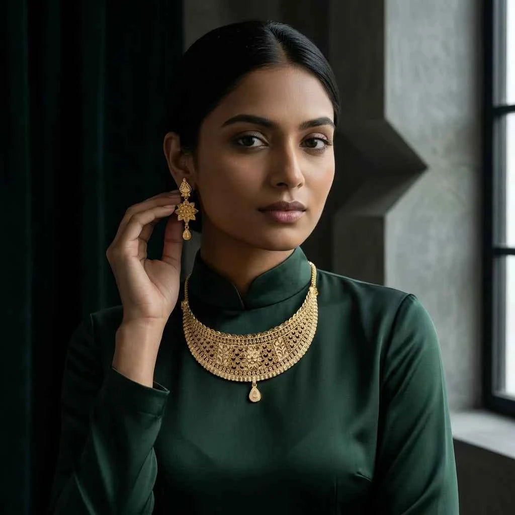 Gold Plated Floral Statement Necklace Set for Women | Designer Ethnic Jewellery Set - GEHNA OFFICIAL