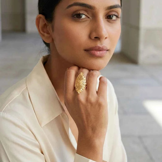 Gold Plated Vintage Filigree Statement Ring for Women | Adjustable Designer Cocktail Ring - GEHNA OFFICIAL