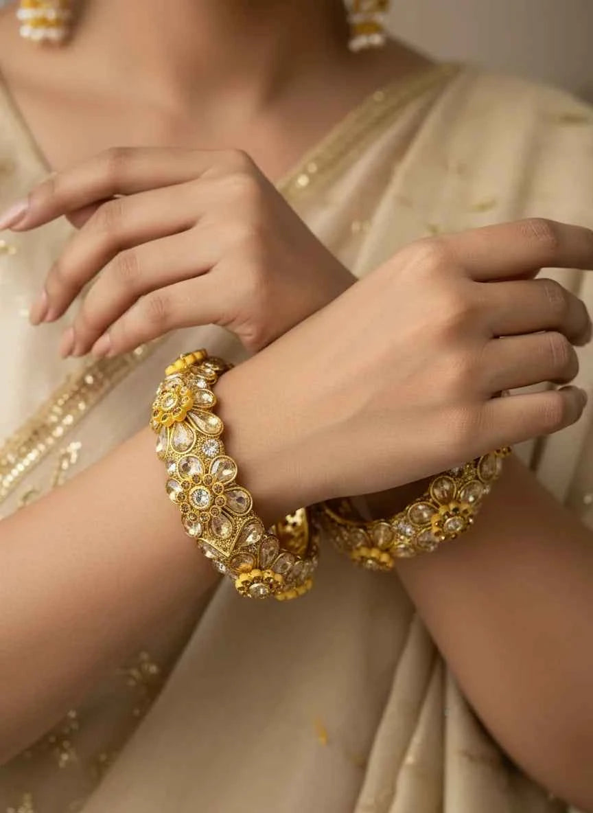 Gold Plated Floral Kundan Kada Bangles Set for Women (2 Pieces) - GEHNA OFFICIAL