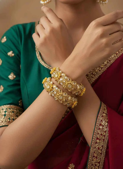 Gold Plated Floral Kundan Kada Bangles Set for Women (2 Pieces) - GEHNA OFFICIAL