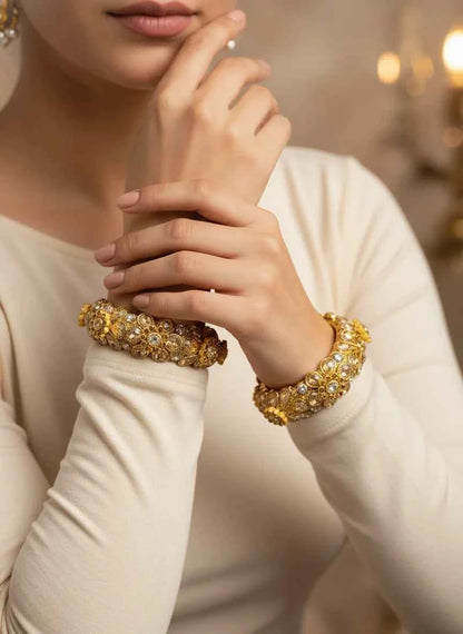 Gold Plated Floral Kundan Kada Bangles Set for Women (2 Pieces) - GEHNA OFFICIAL