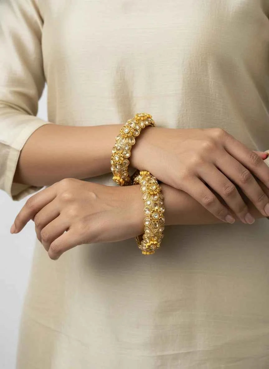 Gold Plated Floral Kundan Kada Bangles Set for Women (2 Pieces) - GEHNA OFFICIAL