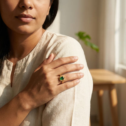 Green Stone Turtle Gold Plated Ring for Women | Designer Ring