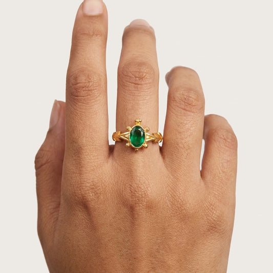 Green Stone Turtle Gold Plated Ring for Women | Designer Ring