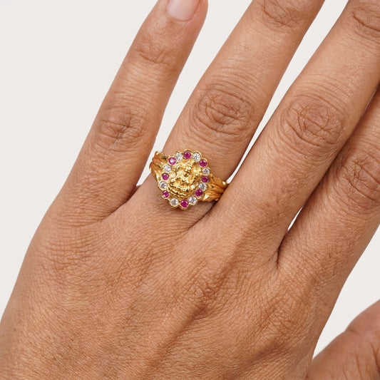 Lord Ganesha Ruby & American Diamond Gold Plated Ring for Women | Religious Designer Ring