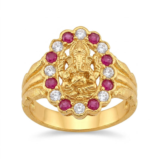 Lord Ganesha Ruby & American Diamond Gold Plated Ring for Women | Religious Designer Ring