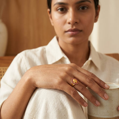 Mahalakshmi Gold Plated Ring for Women | Ruby Stone Religious Ring