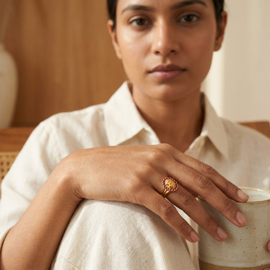 Mahalakshmi Gold Plated Ring for Women | Ruby Stone Religious Ring