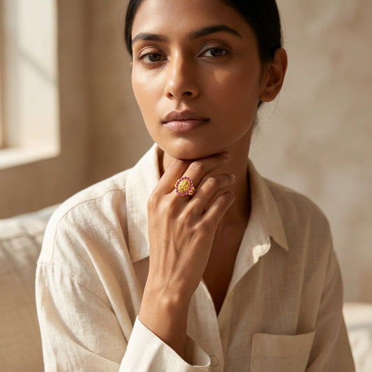 Mahalakshmi Gold Plated Ring for Women | Ruby Stone Religious Ring - GEHNA OFFICIAL
