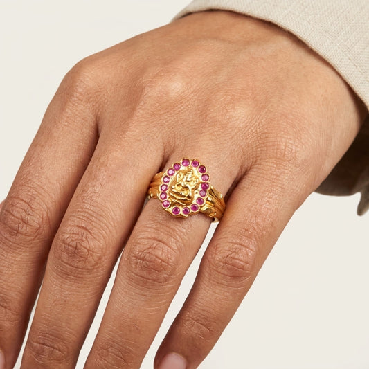 Mahalakshmi Gold Plated Ring for Women | Ruby Stone Religious Ring