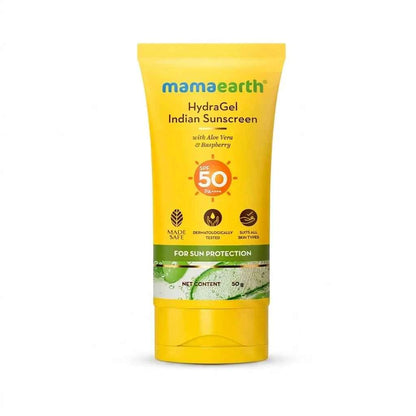 Mamaearth HydraGel Indian Sunscreen SPF 50 PA+++ 50g with Aloe Vera & Raspberry | Lightweight Gel Sunscreen for All Skin Types