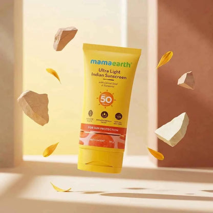 Mamaearth Ultra Light Indian Sunscreen SPF 50 PA+++ 50g with Carrot Seed & Turmeric | Broad Spectrum UVA & UVB Protection | For All Skin Types
