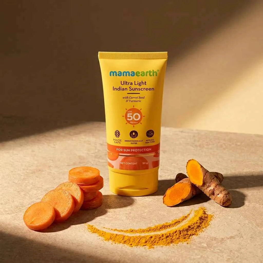 mamaearth ultra light indian sunscreen spf 50 pa+++ 50g with carrot seed & turmeric | broad spectrum uva & uvb protection | for all skin types