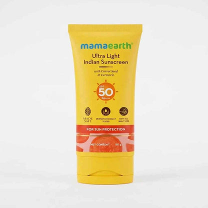 Mamaearth Ultra Light Indian Sunscreen SPF 50 PA+++ 50g with Carrot Seed & Turmeric | Broad Spectrum UVA & UVB Protection | For All Skin Types
