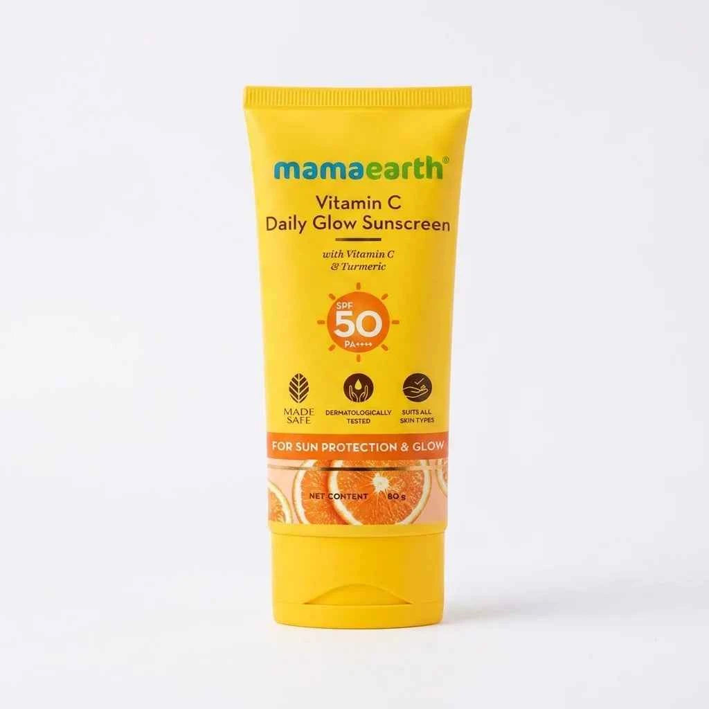 mamaearth vitamin c daily glow sunscreen spf 50 pa+++ 50g with vitamin c & turmeric | broad spectrum uva & uvb protection | for all skin types