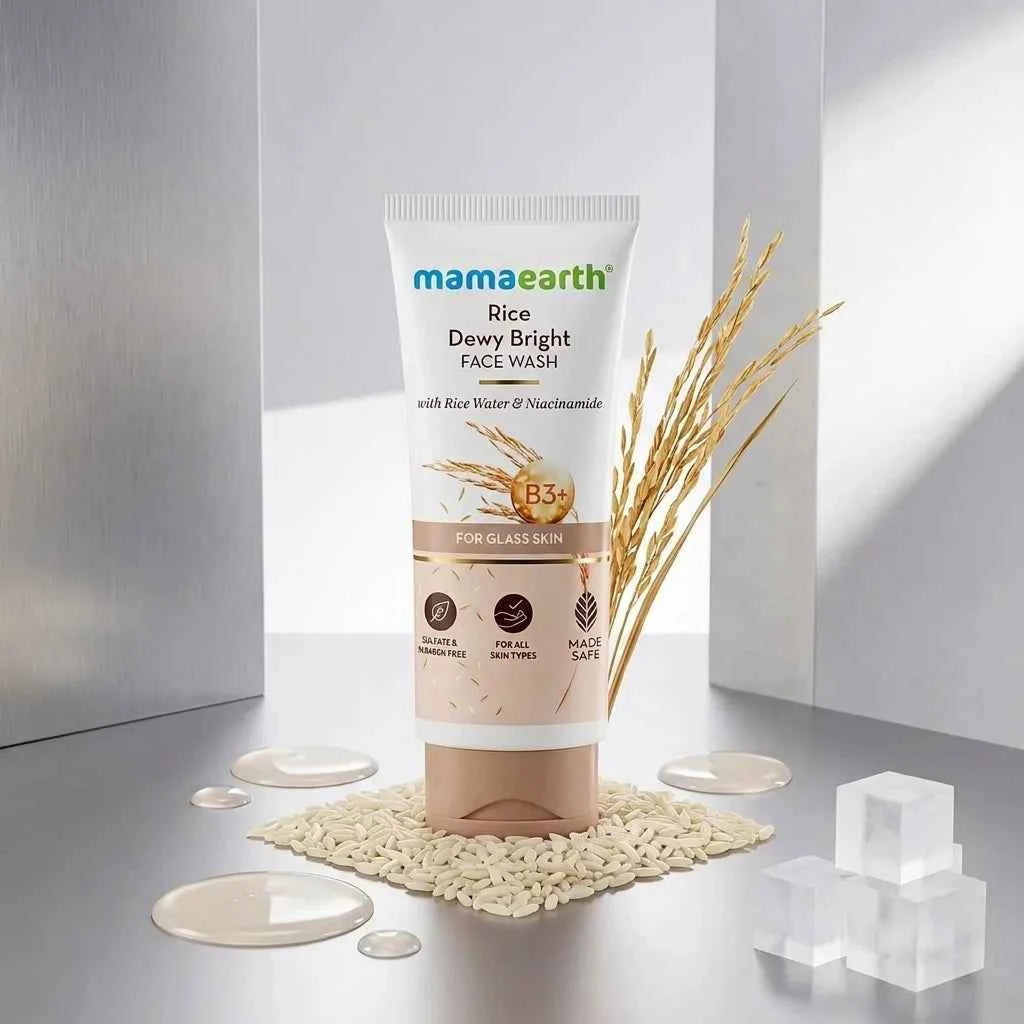 mamaearth rice dewy bright face wash 100ml with rice water & niacinamide | glass skin face wash for all skin types
