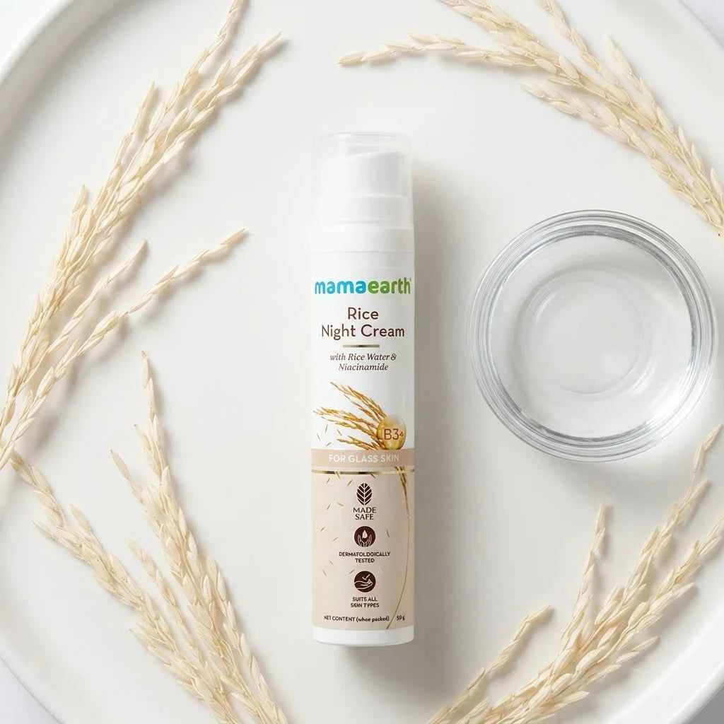mamaearth rice night cream 50g with rice water & niacinamide | overnight brightening & hydrating face cream for glass skin