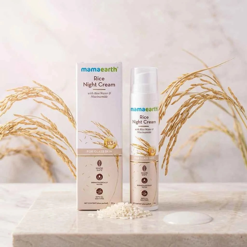mamaearth rice night cream 50g with rice water & niacinamide | overnight brightening & hydrating face cream for glass skin