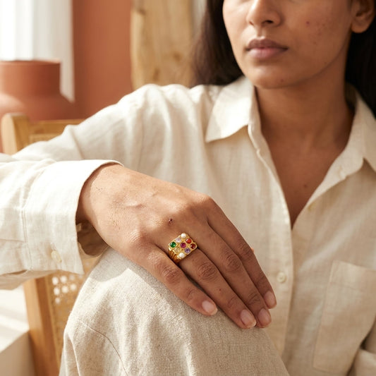 Navratna Gold Plated Ring for Men | Nine Gemstone Designer Ring