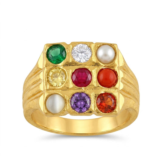 Navratna Gold Plated Ring for Men | Nine Gemstone Designer Ring