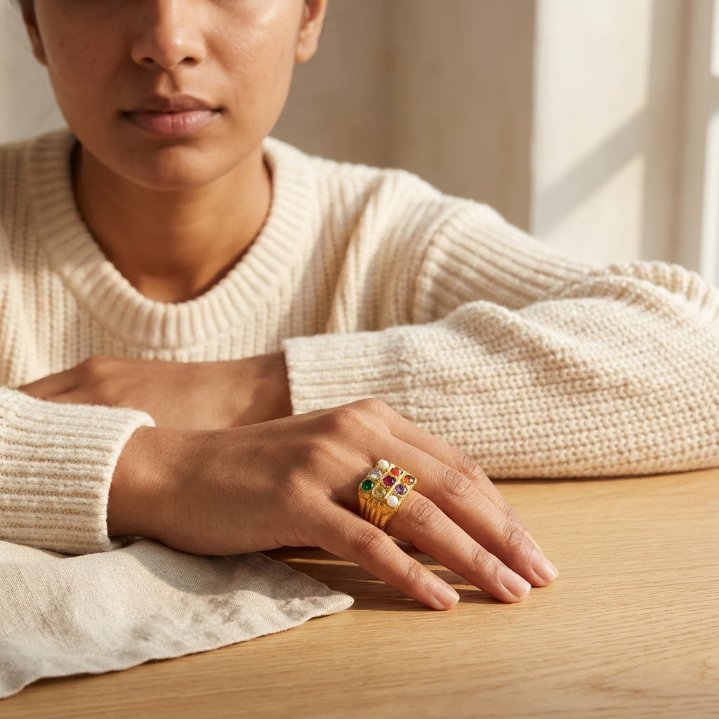 navratna gold plated ring for men | nine gemstone designer ring