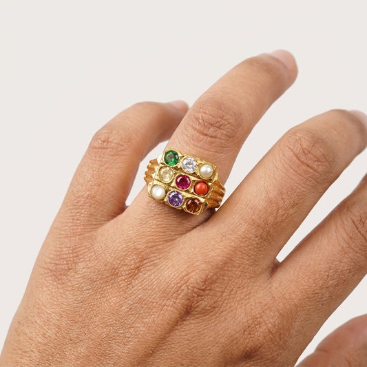 Navratna Gold Plated Ring for Men | Nine Gemstone Designer Ring