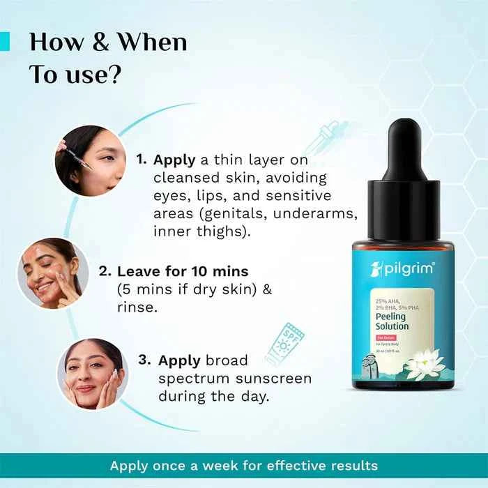 pilgrim 25% aha, 2% bha & 5% pha peeling solution for de tan & exfoliation | face & body peel | all skin types | 30ml - gehna official