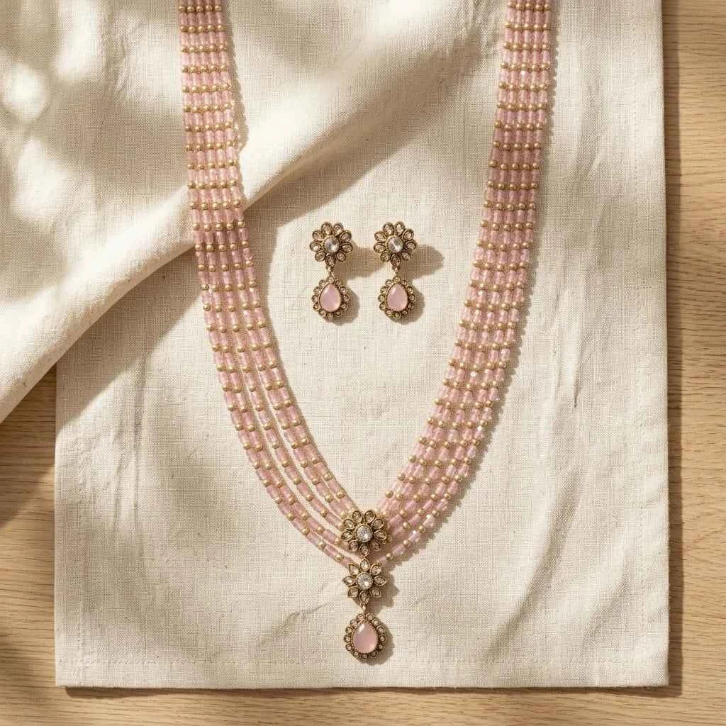 Pink Beaded Layered Necklace Set with Earrings for Women | Floral Pendant Designer Jewellery - GEHNA OFFICIAL