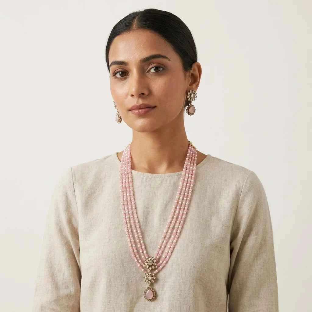 Pink Beaded Layered Necklace Set with Earrings for Women | Floral Pendant Designer Jewellery - GEHNA OFFICIAL