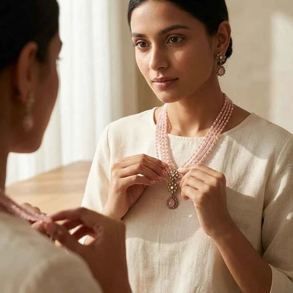 Pink Beaded Layered Necklace Set with Earrings for Women | Floral Pendant Designer Jewellery - GEHNA OFFICIAL