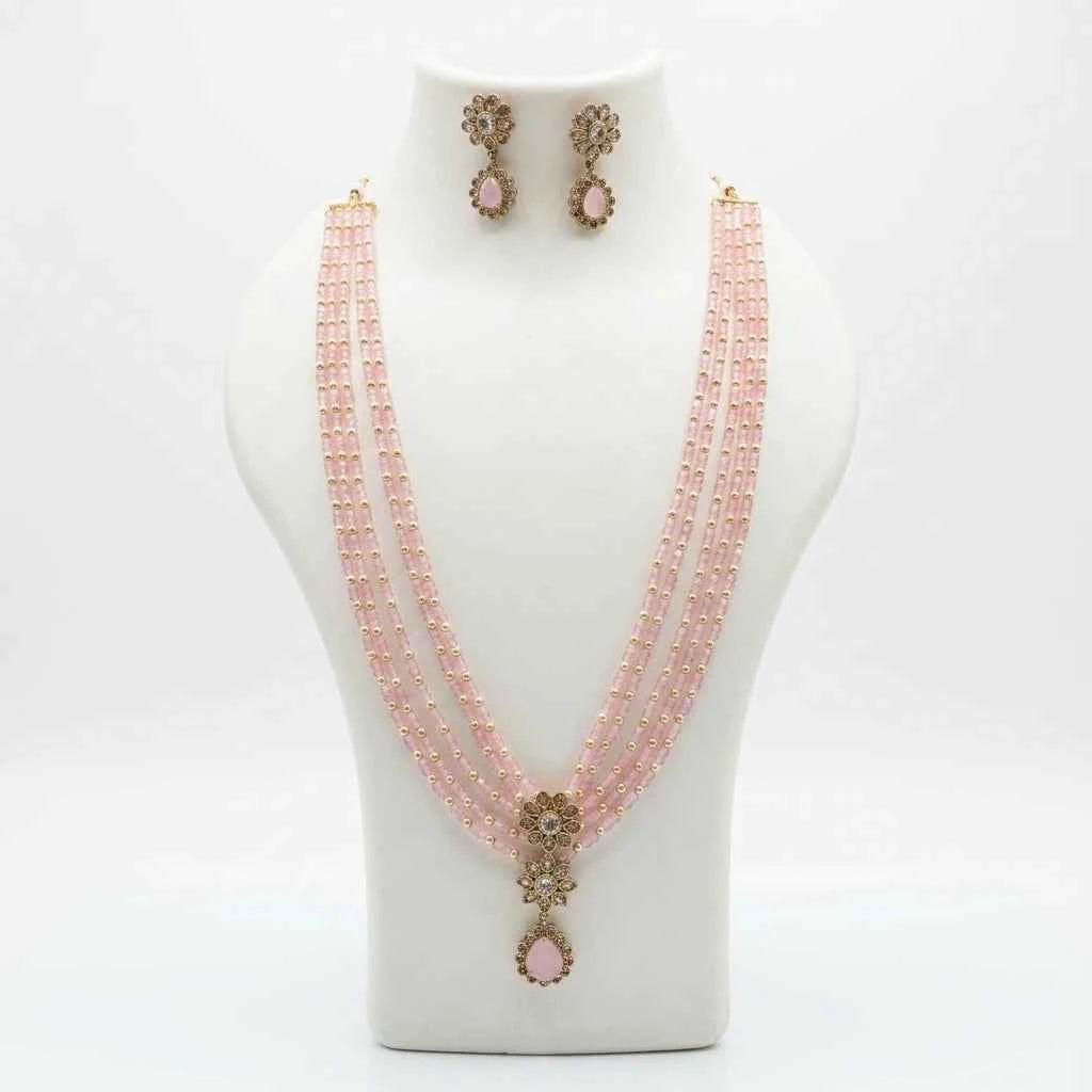 Pink Beaded Layered Necklace Set with Earrings for Women | Floral Pendant Designer Jewellery - GEHNA OFFICIAL