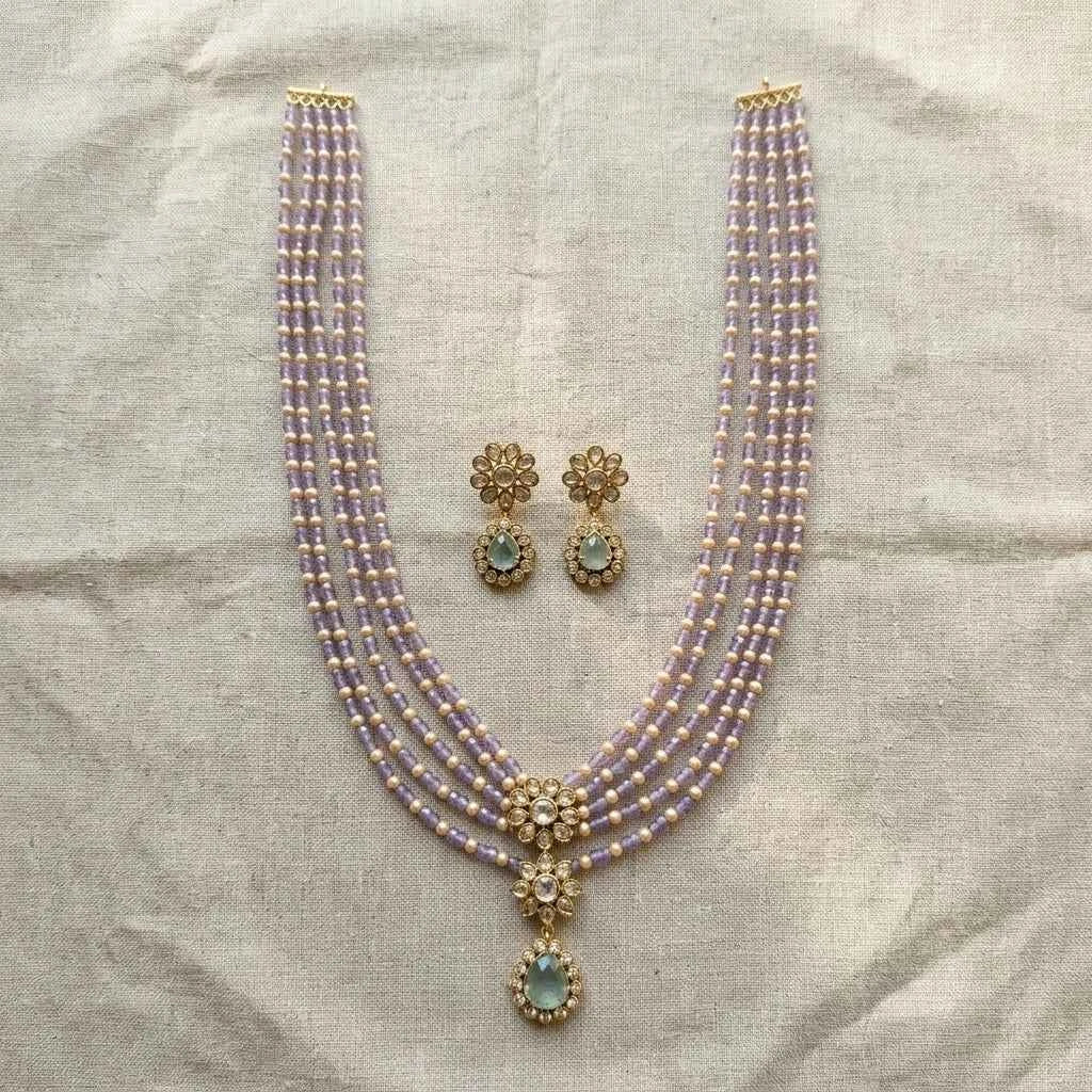 Lavender Beaded Layered Necklace Set with Earrings for Women | Floral Pendant Designer Jewellery - GEHNA OFFICIAL