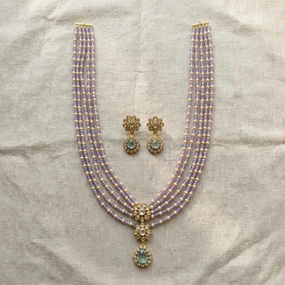 Lavender Beaded Layered Necklace Set with Earrings for Women | Floral Pendant Designer Jewellery