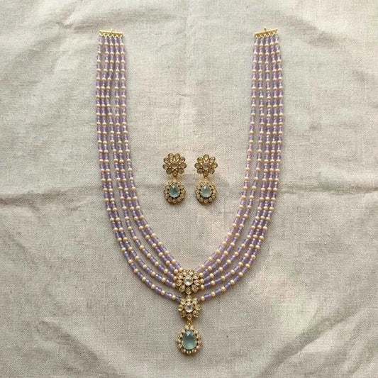 Lavender Beaded Layered Necklace Set with Earrings for Women | Floral Pendant Designer Jewellery