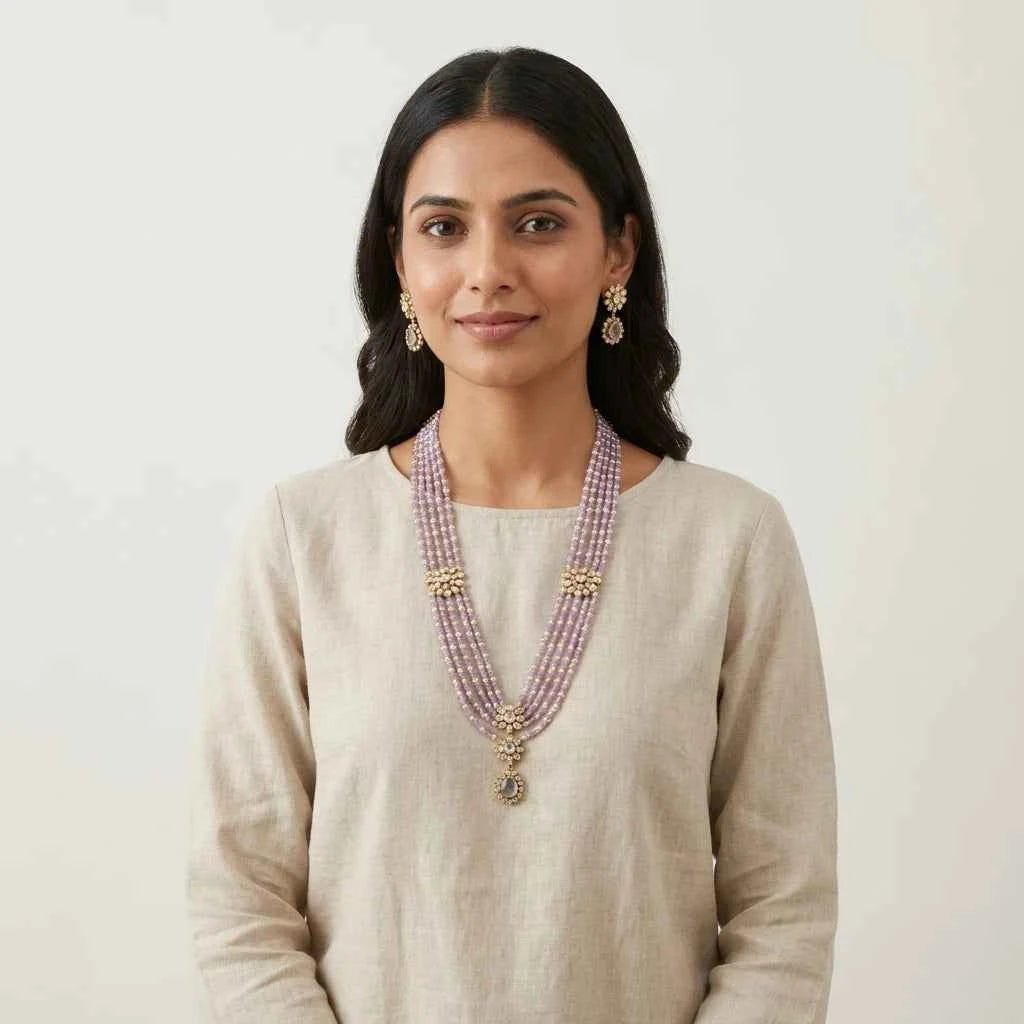Lavender Beaded Layered Necklace Set with Earrings for Women | Floral Pendant Designer Jewellery - GEHNA OFFICIAL