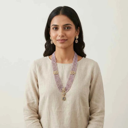Lavender Beaded Layered Necklace Set with Earrings for Women | Floral Pendant Designer Jewellery