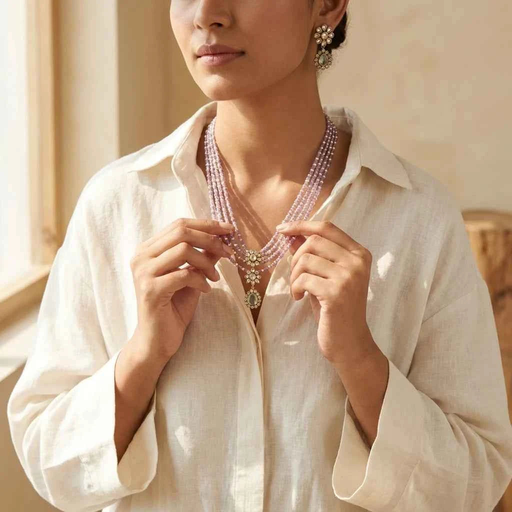 Lavender Beaded Layered Necklace Set with Earrings for Women | Floral Pendant Designer Jewellery - GEHNA OFFICIAL