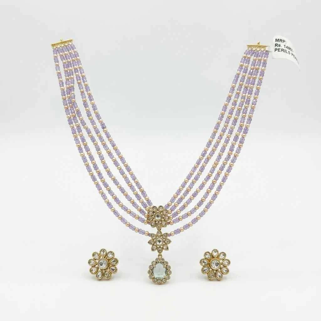 Lavender Beaded Layered Necklace Set with Earrings for Women | Floral Pendant Designer Jewellery - GEHNA OFFICIAL